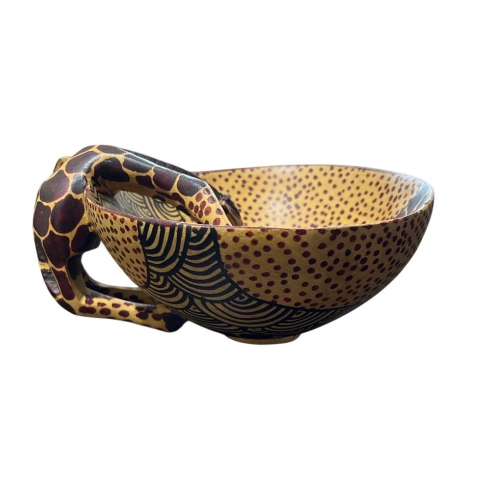 Drinking Giraffe Bowl Wood Handcrafted African Folk Art Decorative Painted 7" - Picture 4 of 6